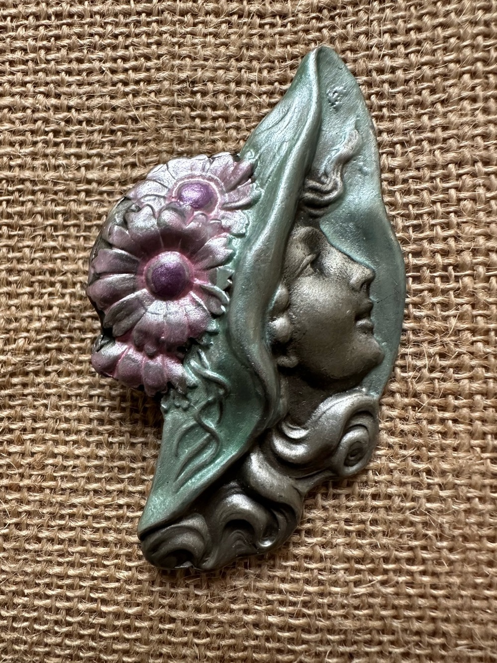 Cottagecore Art Nouveau Metal Lady Brooch Flowers Hat